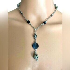 Lia Sophia CHARITY Y-Drop Silver Necklace 16-22”Leopard Jasper & Cats